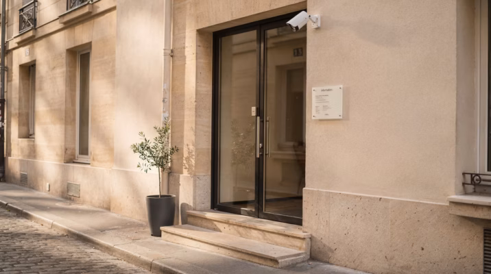 Entrée d'un appartement Airbnb avec caméra extérieure discrète et notice d'information