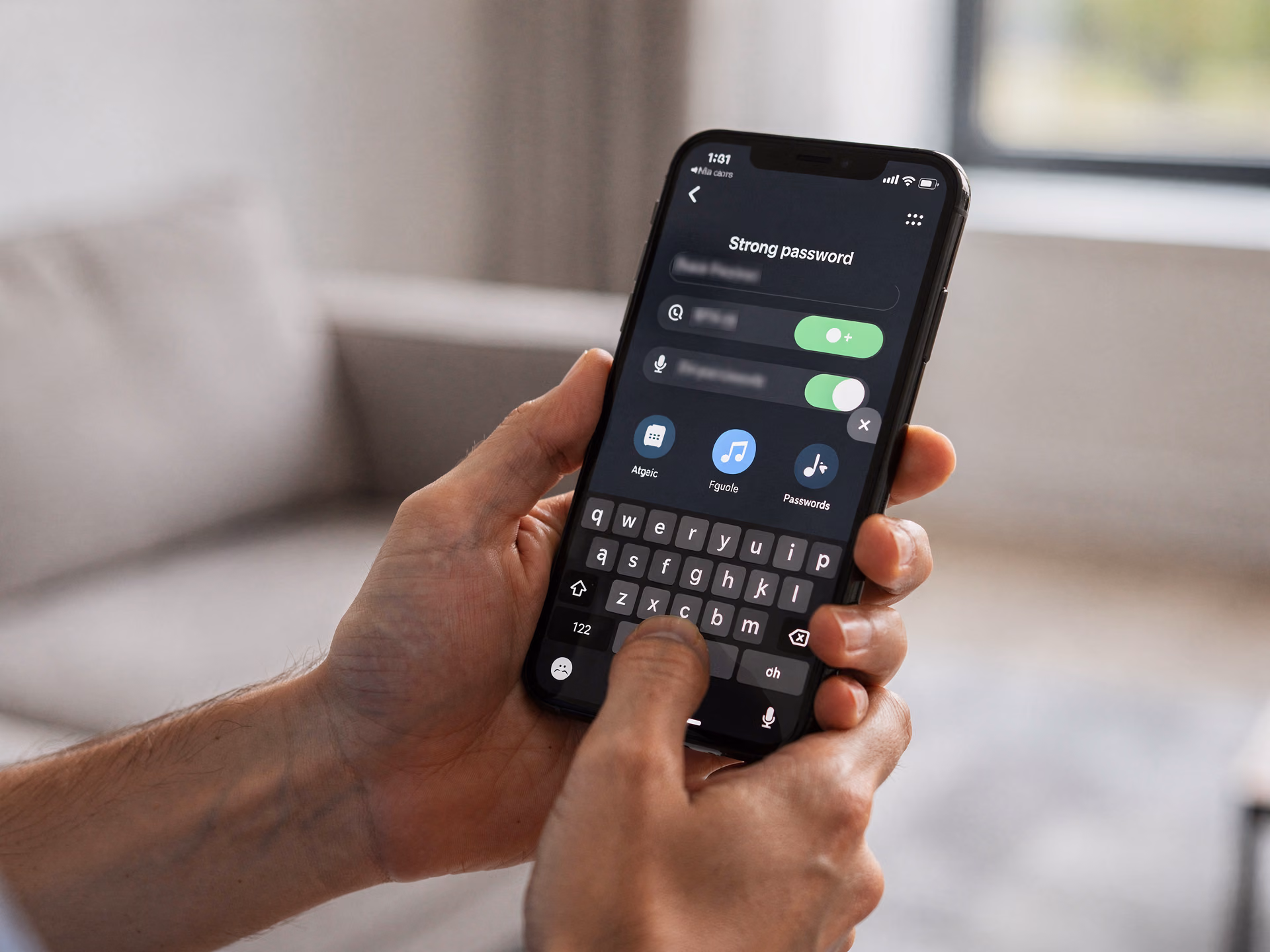 Détail d'une main configurant un mot de passe fort sur une app de smart home