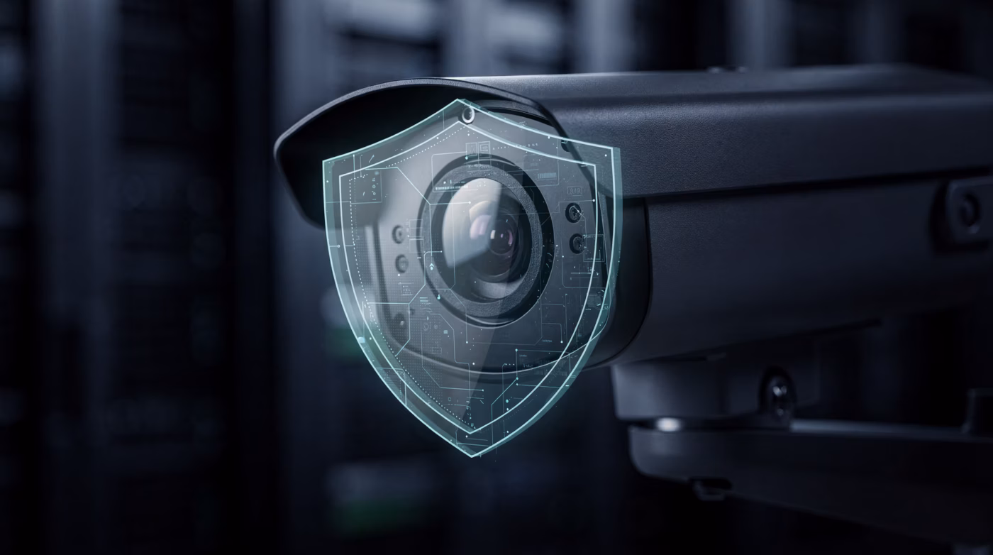 Caméra de surveillance avec bouclier digital représentant la cybersécurité