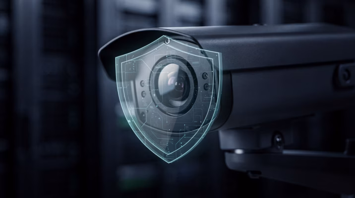 Caméra de surveillance avec bouclier digital représentant la cybersécurité