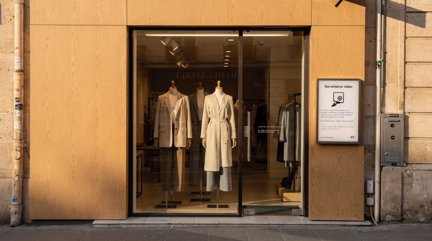 Devanture d'une boutique française avec affichage information sur la vidéosurveillance
