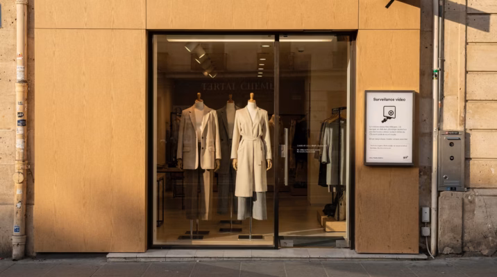 Devanture d'une boutique française avec affichage information sur la vidéosurveillance