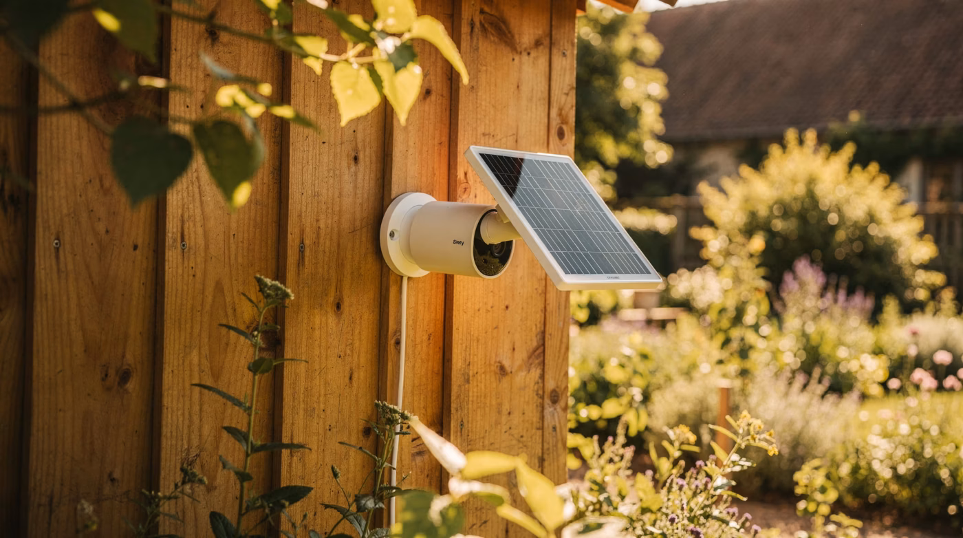 Caméra de surveillance solaire avec panneau intégré sur abri de jardin