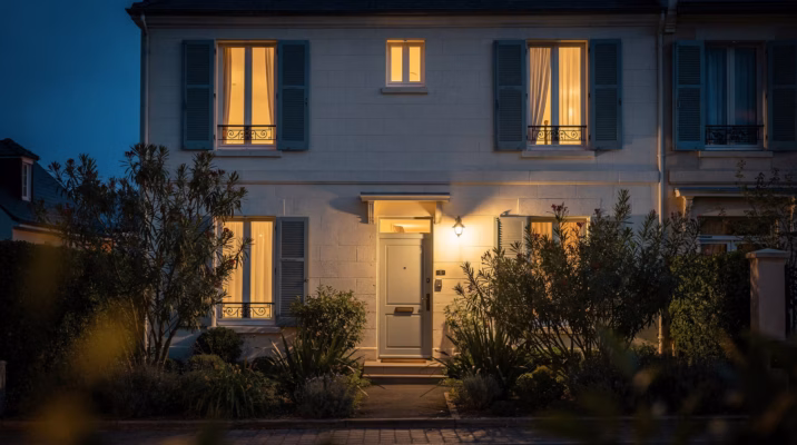 Façade d'une maison française au crépuscule, lumière chaude depuis l'intérieur