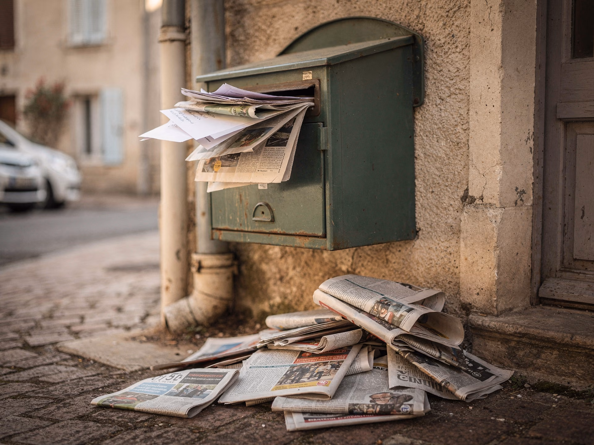 Boîte aux lettres française débordant de lettres et journaux non relevés