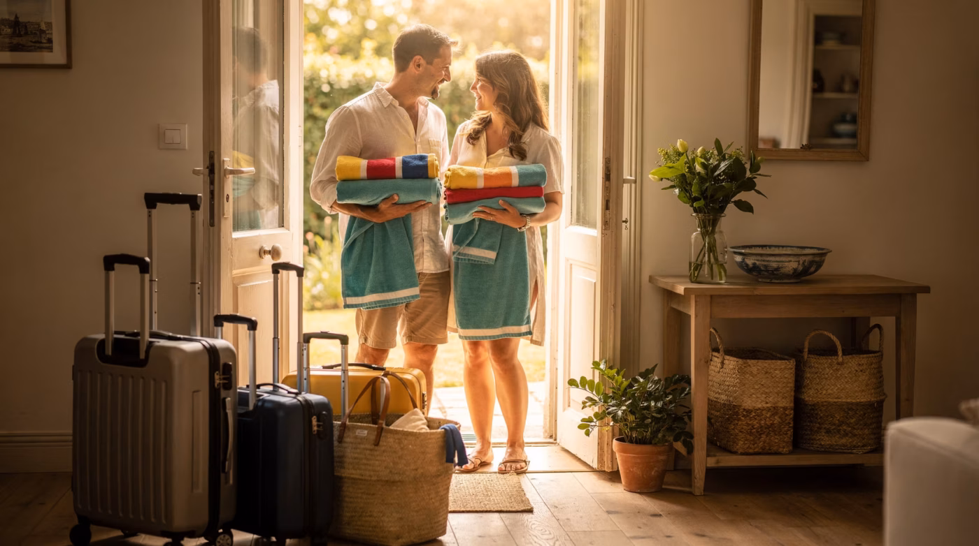 Famille en train de préparer ses valises devant l'entrée d'une maison française avant les vacances
