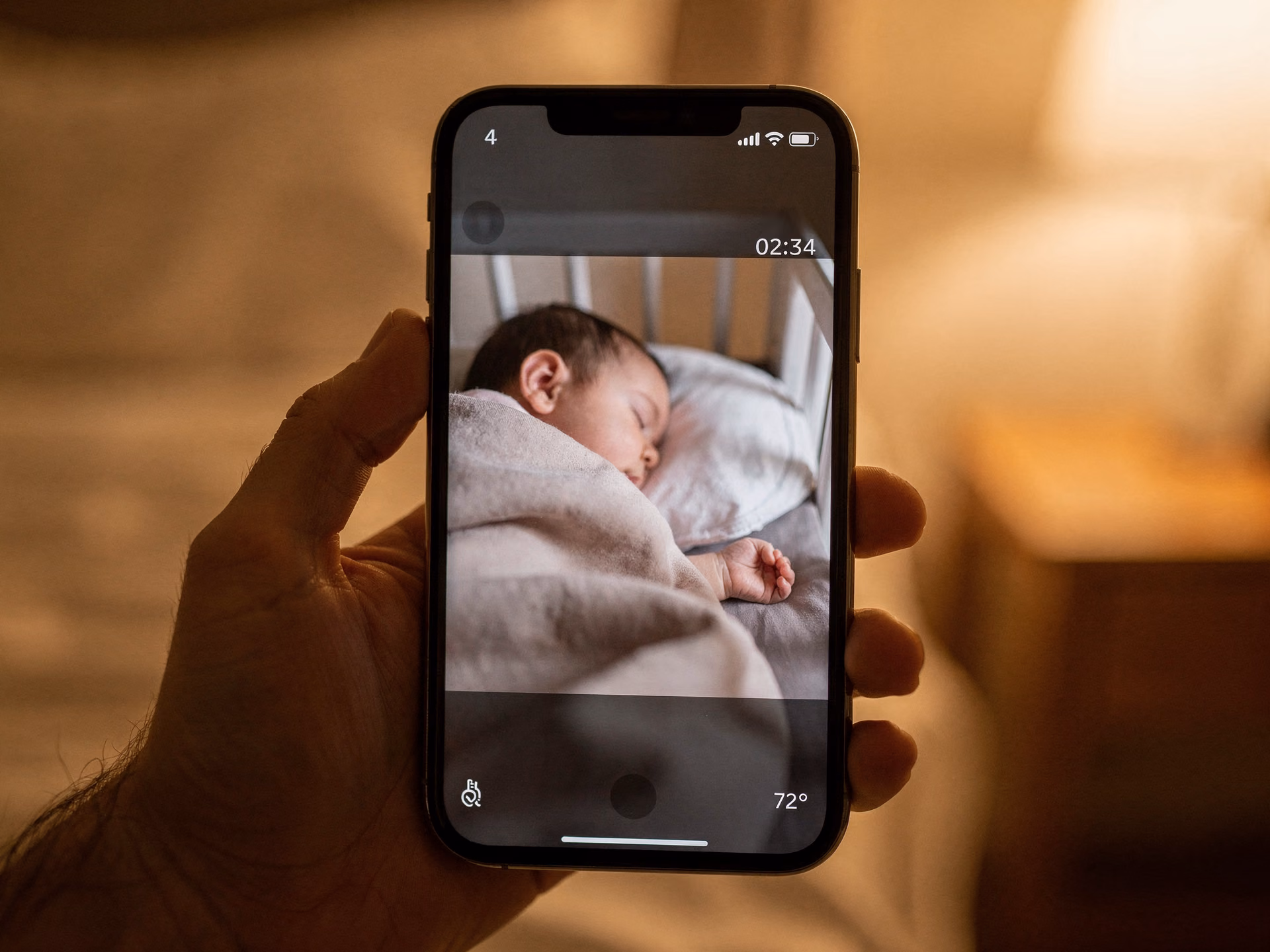 Smartphone affichant l'application de babyphone vidéo avec flux en temps réel