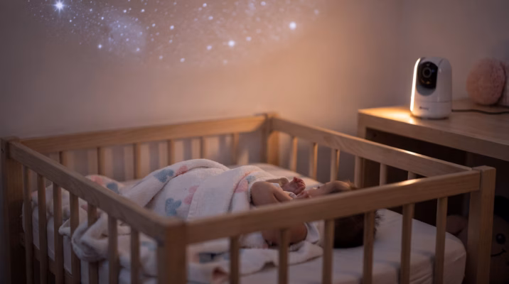 Bébé endormi paisiblement dans son berceau avec babyphone vidéo posé sur une étagère