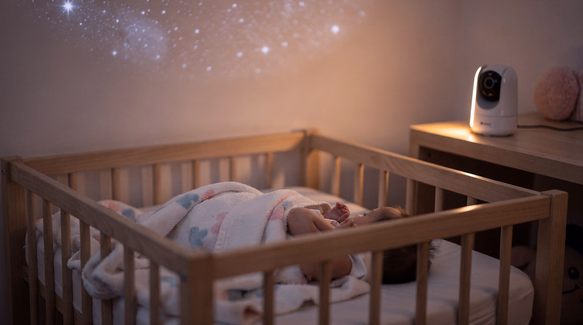 Bébé endormi paisiblement dans son berceau avec babyphone vidéo posé sur une étagère
