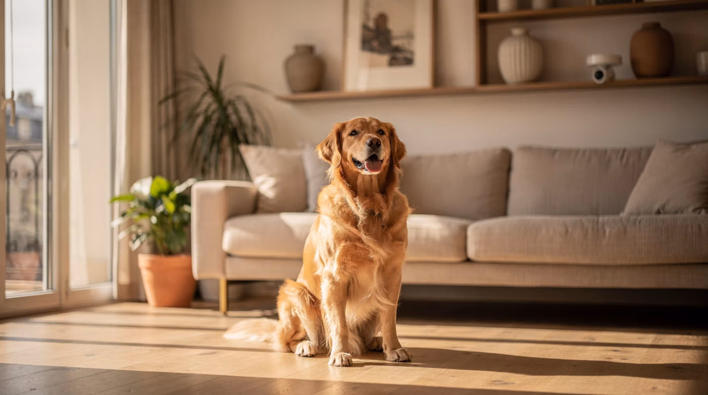 Golden retriever assis seul dans un salon moderne avec une caméra discrète sur l'étagère