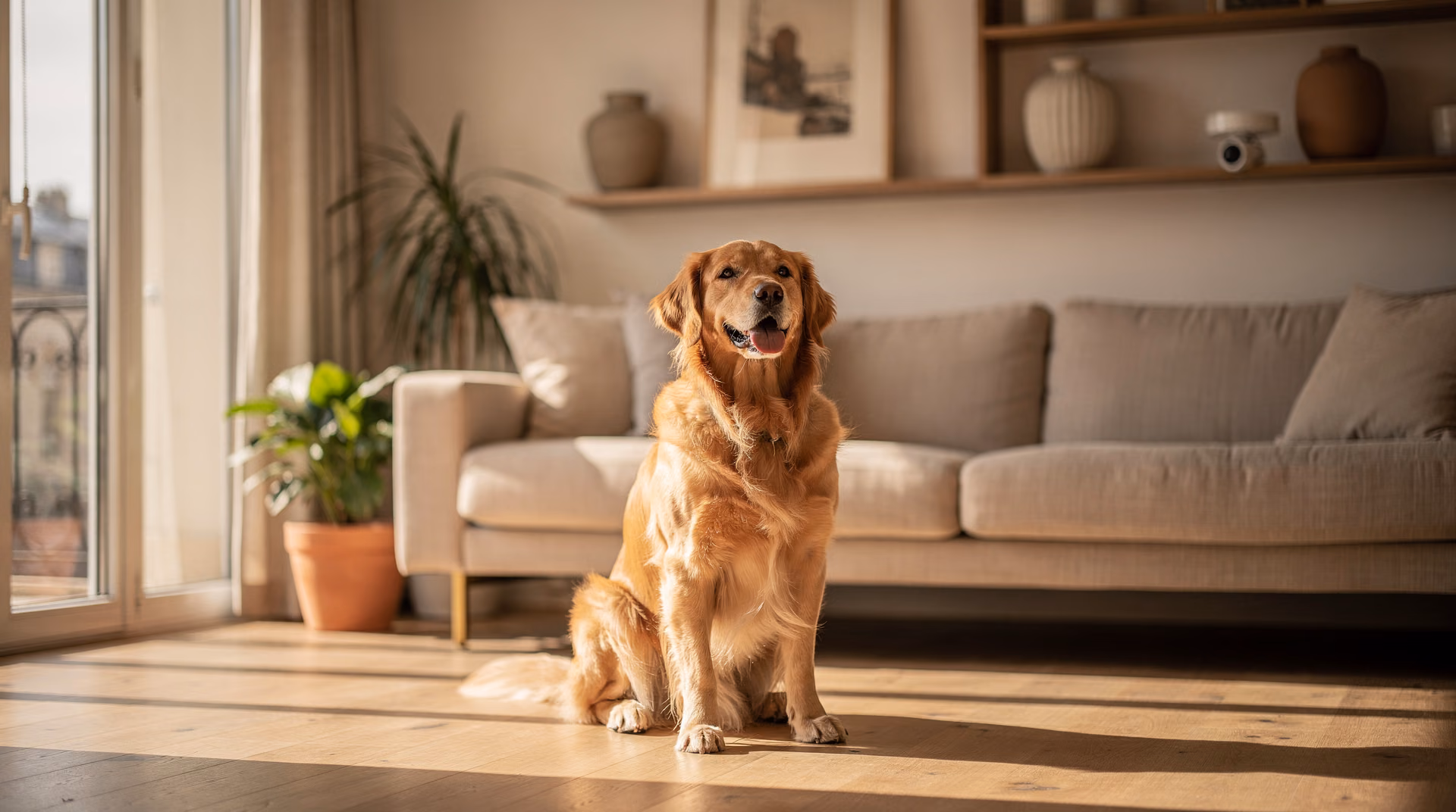 Golden retriever assis seul dans un salon moderne avec une caméra discrète sur l'étagère