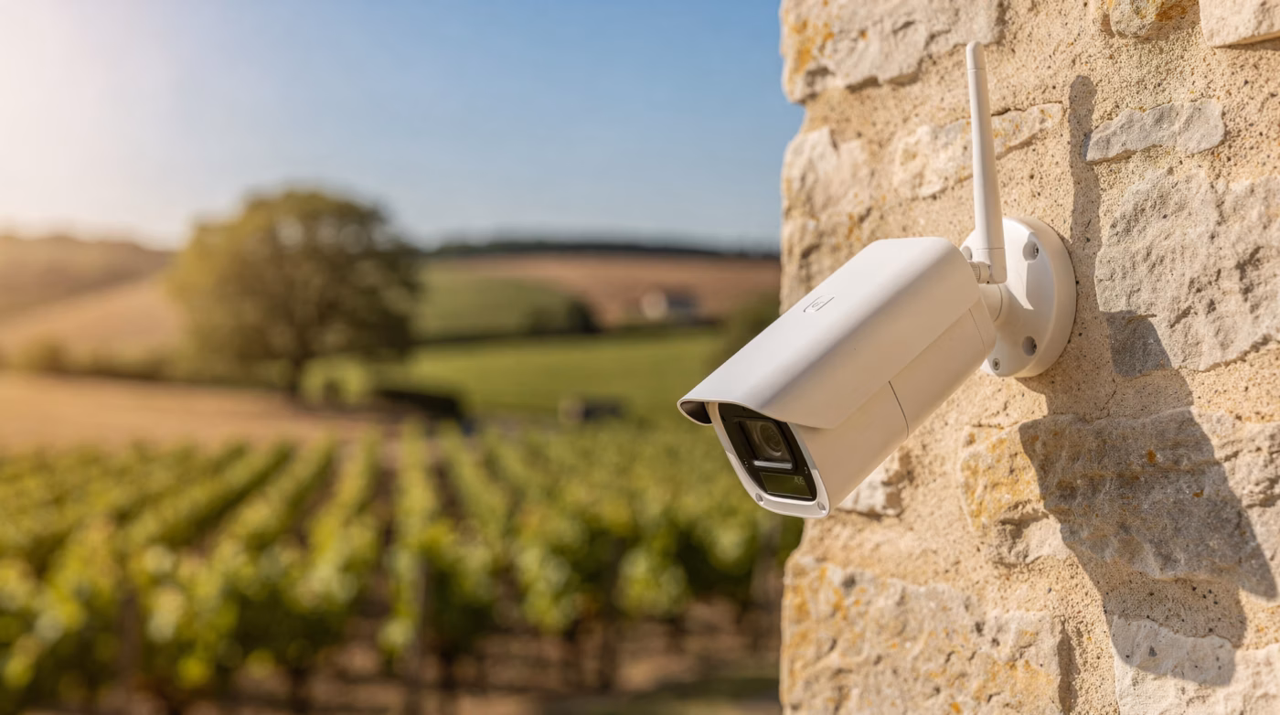 Caméra de surveillance 4G installée sur la façade d'une maison rurale en pierre