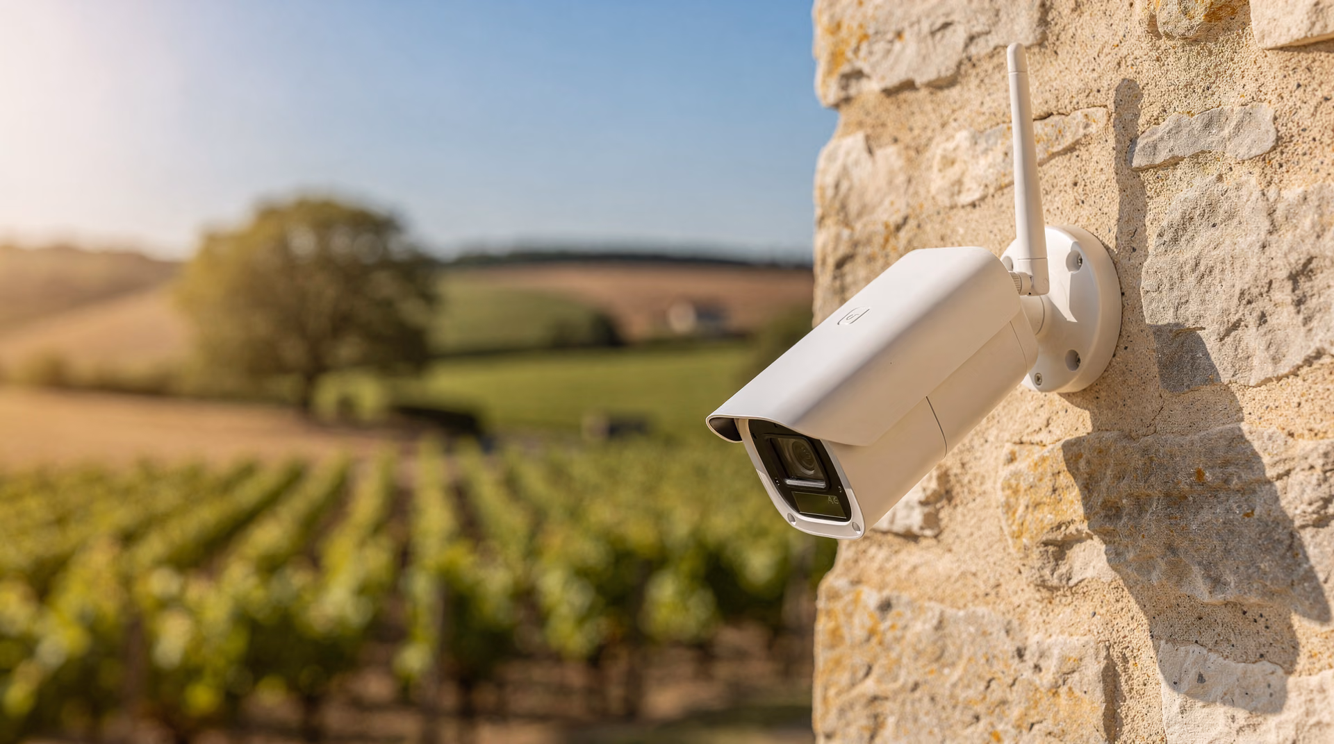 Caméra de surveillance 4G installée sur la façade d'une maison rurale en pierre