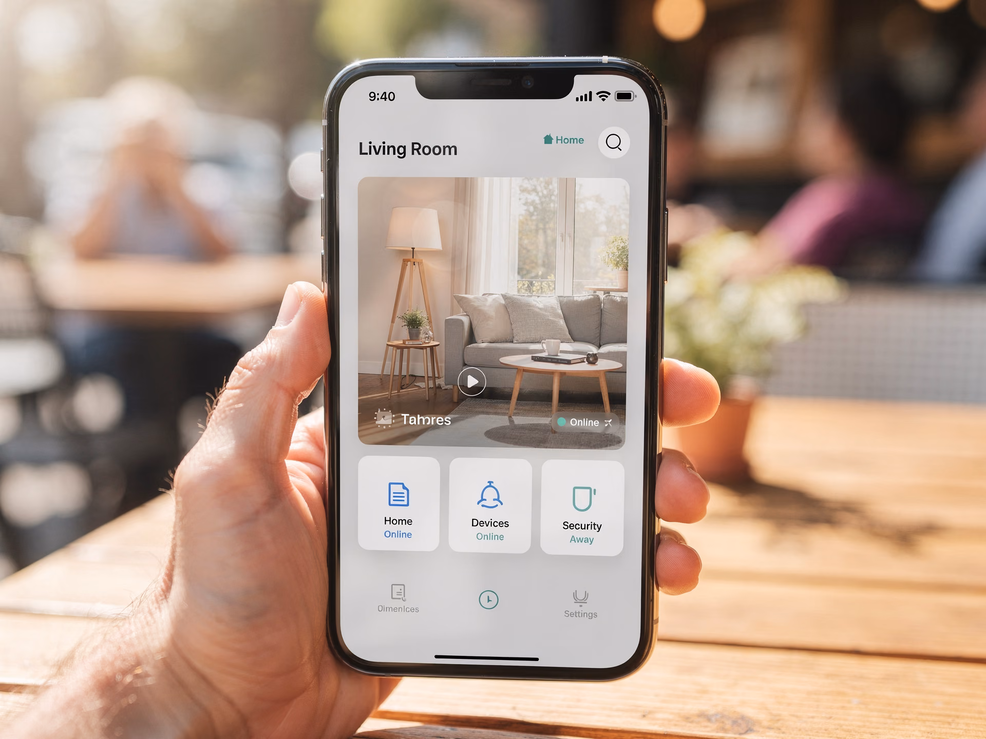 Smartphone affichant le tableau de bord d'une app de smart home avec flux d'une personne âgée